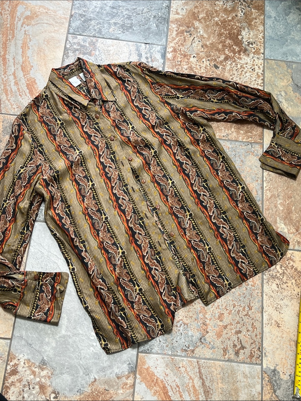 Silk Long-Sleeve Button-Down Shirt in Olive and Rust Paisley Stripe